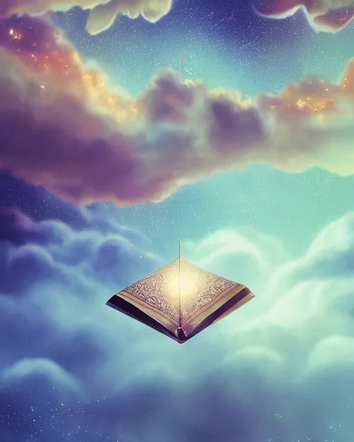 Image similar to the quran descending from the galaxy into clouds highly detailed, gold filigree, romantic storybook fantasy, soft cinematic lighting, award, pastel color palette, featured on artstation, digital art