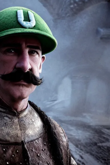 Prompt: very very intricate photorealistic photo of a realistic human version of luigi wearing his hat in an episode of game of thrones, photo is in focus with detailed atmospheric lighting, award - winning crisp details