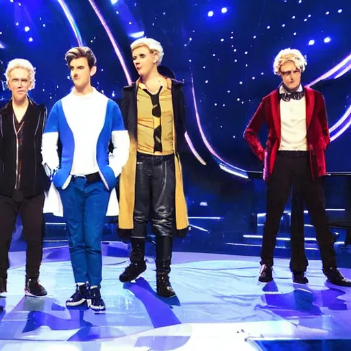 Prompt: doctor who characters in a boy band on stage