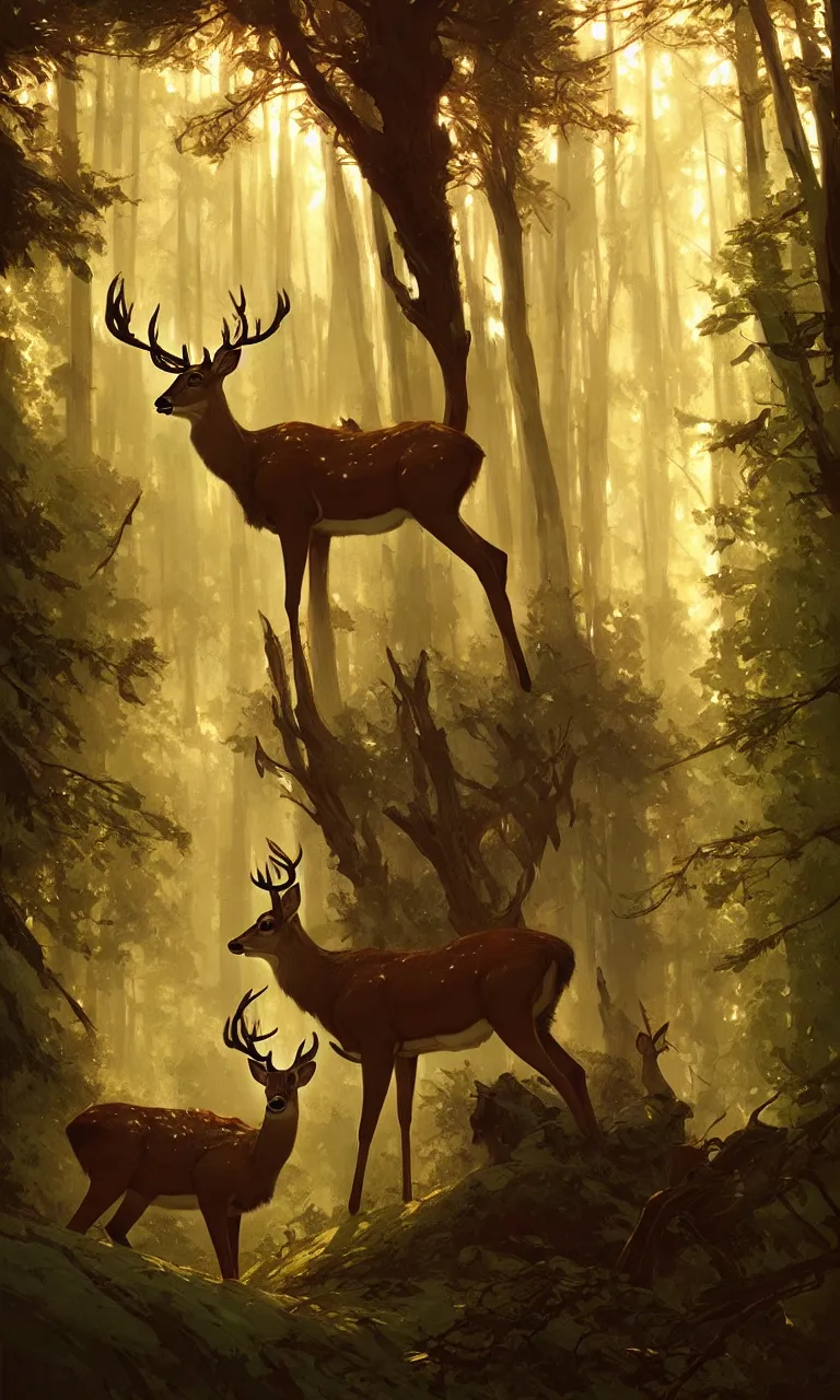 Image similar to Deer in Sherwood Forest, full frame, highly detailed, digital painting, artstation, concept art, smooth, sharp focus, illustration, art greg rutkowski and alphonse mucha