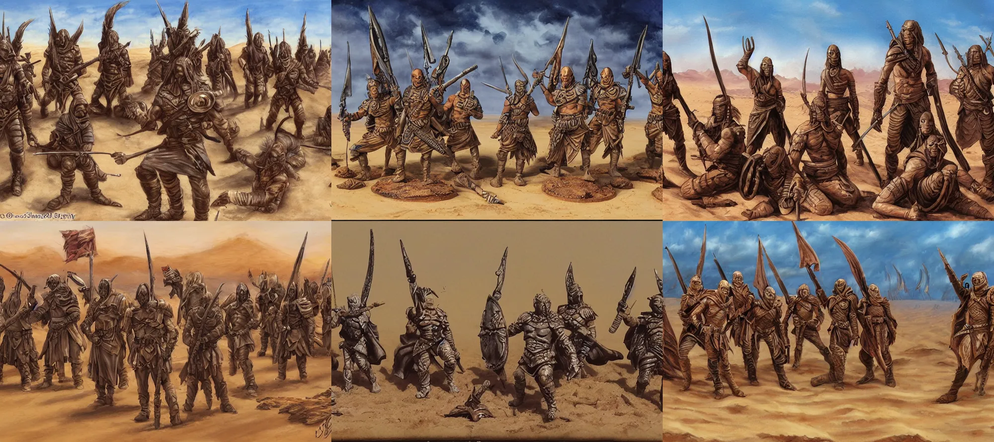 Prompt: Fremen warriors preparing for battle on the sands by Simon Bisley, highly detailed, neutral colors, airbrush