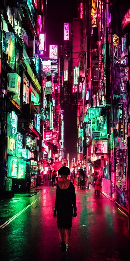 Prompt: cyberpunk city at night, night clubs and neons, rain, camera above roofs, girl under lantern