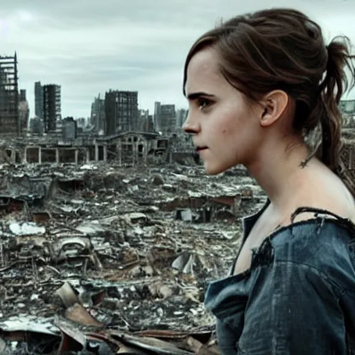 Image similar to concerned and tired emma watson in shredded dirty clothes rags, in the ruins of civilization after the apocalypse, looming city ruins backdrop, hd photo, high detail