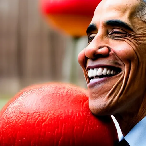 Image similar to portrait photo of Obama finding a giant red mushroom, exhilarated, portrait, closeup. mouth open, 30mm, bokeh