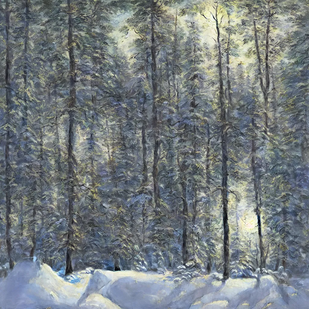 Prompt: a bright white cube floating in a snowy Siberian forest, light emitted from the cube, dramatic light and shadows, painting by ivan shishkin and albert bierstadt, wide angle, low angle, astrophotography