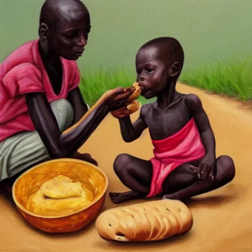 Image similar to oil painting of a malnourished ugandan boy sharing bread with a blond well fed child american, by julia pott