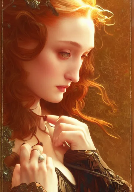 Prompt: sansa vampire, intricate, elegant, highly detailed, digital painting, artstation, concept art, smooth, sharp focus, illustration, art by artgerm and greg rutkowski and alphonse mucha and william - adolphe bouguereau