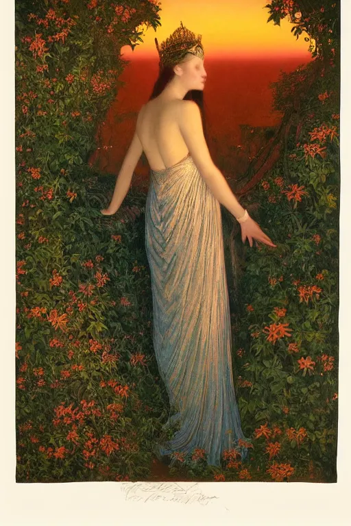 Prompt: beautiful portrait of the queen of night at twilight with the sunset shining in her hair| richly embroidered velvet| lush foliage | dramatic lighting | Maxfield Parrish and John Waterhouse | rich colors