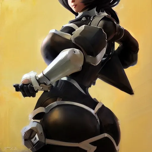 Image similar to greg manchess portrait painting of yorha no. 2 type b as overwatch character, medium shot, asymmetrical, profile picture, organic painting, sunny day, matte painting, bold shapes, hard edges, street art, trending on artstation, by huang guangjian and gil elvgren and sachin teng