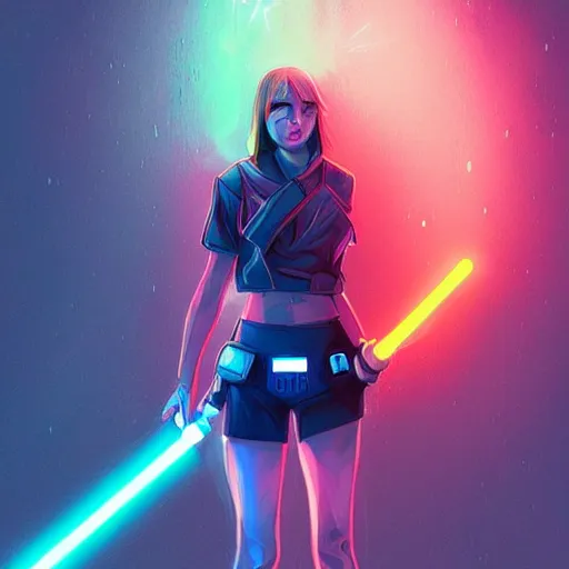 Image similar to a girl holding a lightsaber in a neon cyberpunk city at night, art station, digital art, cinematic, artgerm