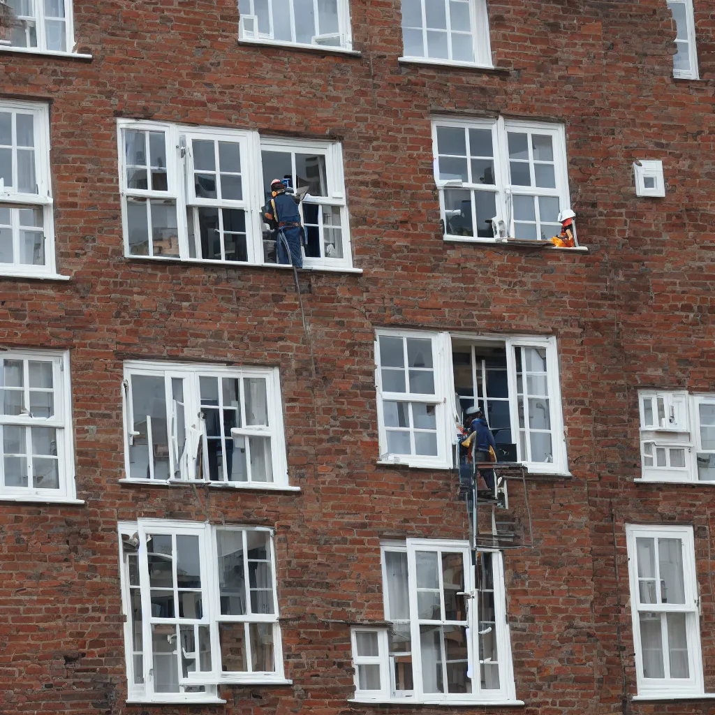 Prompt: many builders inspecting and discussing sash window