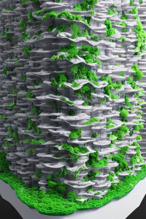 Image similar to 3 d printed physical model organic flowy including more than one city into one vertical building model that sits on a table in a room with a view back, multiple stories, transparent, with vegetation, colorful, eye - level view, 8 0 k, octane render, highly detailed 3 d render,