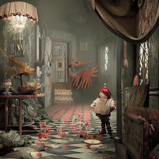 Image similar to alice in wonderland 3 d, horror atmosphere, scarry, octane render, intricate, hyper detailed, morning light, well rendered