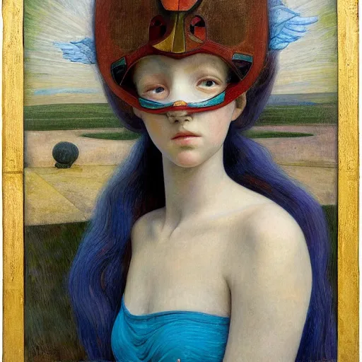 Image similar to a beautiful young android girl wearing a bird mask, by annie swynnerton and diego rivera and elihu vedder, symbolist, dramatic lighting, elaborate geometric ornament, head and shoulders view, art brut, soft cool colors, smooth, sharp focus, extremely detailed, adolf wolfli, donato giancola