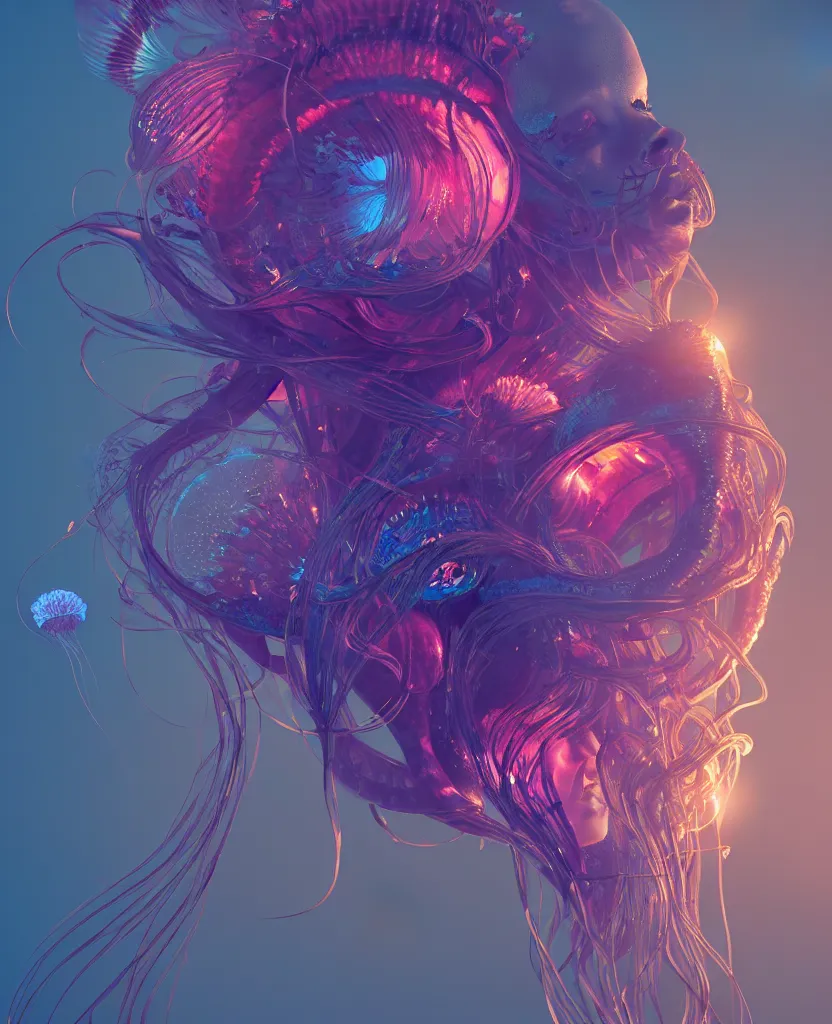 Image similar to goddess close-up portrait. orchid jellyfish phoenix head, nautilus, skull, betta fish, bioluminiscent creatures, intricate artwork by Tooth Wu and wlop and beeple. octane render, trending on artstation, greg rutkowski very coherent symmetrical artwork. cinematic, hyper realism, high detail, octane render, 8k