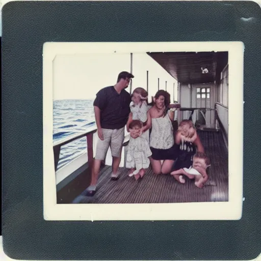 Prompt: polaroid photo homemade photo of a family in the deck of the titanic looking the sea, august 1968, color photo, award winning