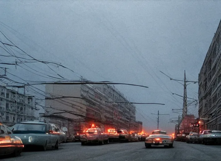 Image similar to cinematic shot of norilsk orbit city cityscape, telephoto, iconic scene from the paranoid thriller sci fi film directed by stanley kubrick, anamorphic cinematography, beautiful composition, color theory, leading lines, photorealistic, moody volumetric lighting