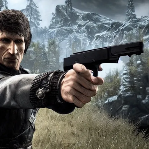 Prompt: todd howard pointing a gun towards the camera and forcing you to buy skyrim, threatening, sharp, cinematic, colorful,