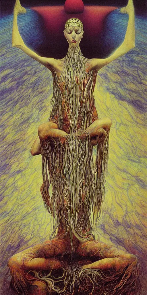 Image similar to mystic cult girl performing third eye ritual, expanding energy into waves into the ethos, epic surrealism oil paint by Ernst Fuchs, Zdzislaw Beksinski, John Howe highly detailed