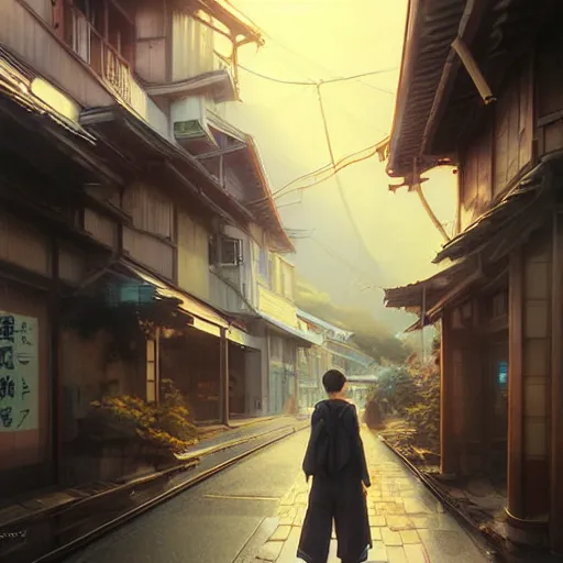 Image similar to walking around ozu city and shimonad station, ehime, japan. volumetric lighting, realistic illustration, perfectly shaded, soft painting, art by krenz cushart and wenjun lin