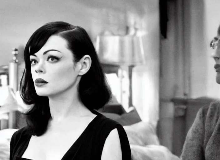 Image similar to Black and white film still of Rose Mcgowan on a Woody Allen film