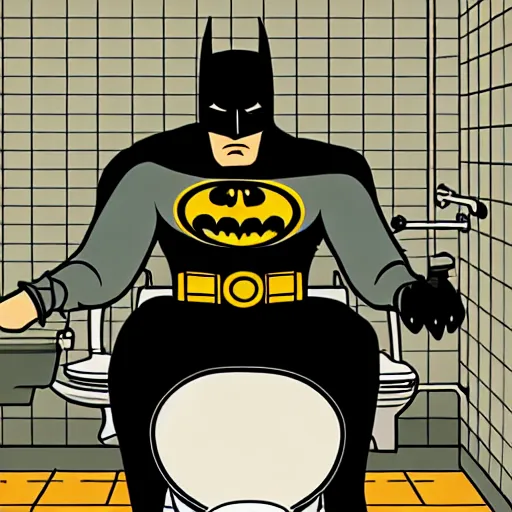 Prompt: low dutch angle shot of constipated batman sitting on a toilet with pants down, sweating, tiny room with dirty wall tiles, comic digital art, by tony daniel, super detailed, 4 k, artistic