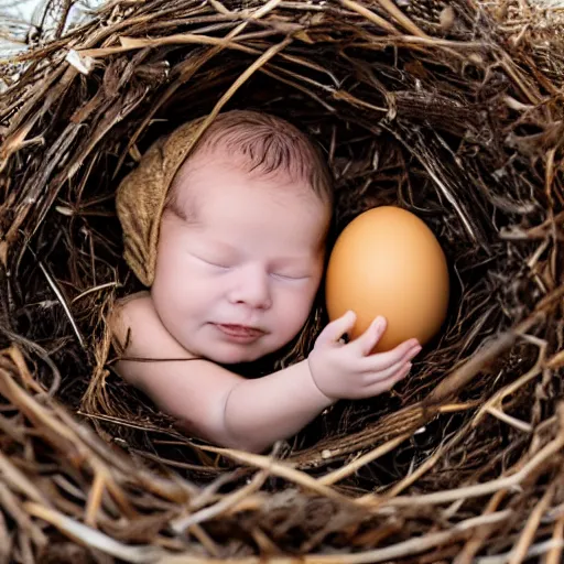 Image similar to a baby human hatching out of an egg in a nest, photography, award winning, 8 k, national geographic channel, discovety channel