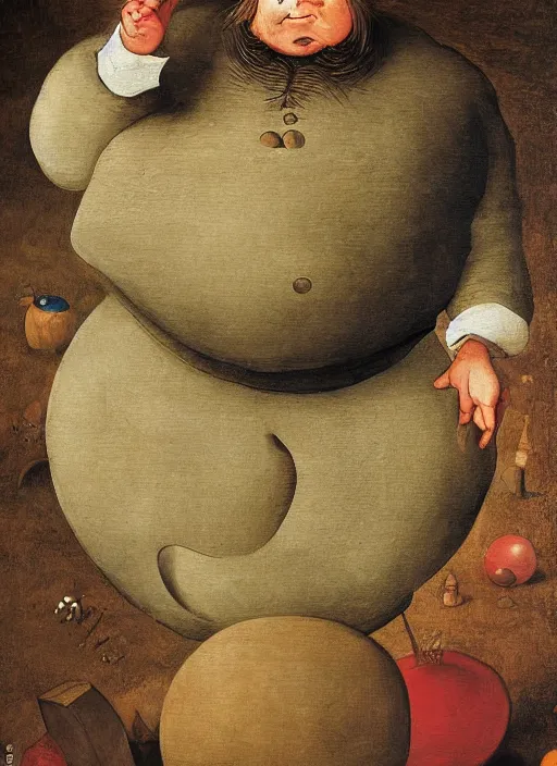 Image similar to full body detailed painting of silly round humpty dumpty with jack black facial expression, realistic, pieter brueghel