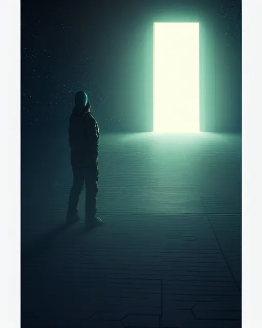 Image similar to a person standing in front of a glowy open door that's on a barren moon, poster art by mike winkelmann, trending on cg society, space art, sci - fi, ue 5, futuristic, volumetric lighting, light casting onto the ground, neat composition and camera angle