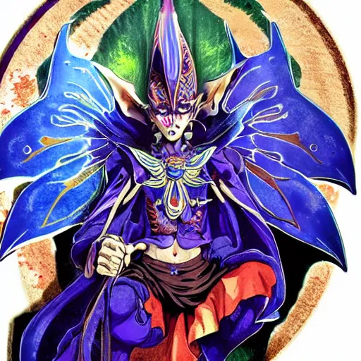 Image similar to 4 k headshot of godlike jester with defined arms and open hands and bloody clothes with giant mandala wings, intricate face, flawless anime cel animation by kentaro miura, psychedelic, highly detailed upper body, professionally post - processed, beautiful, scary, symmetry accurate features, epic, octane rendered, anime masterpiece, accurate