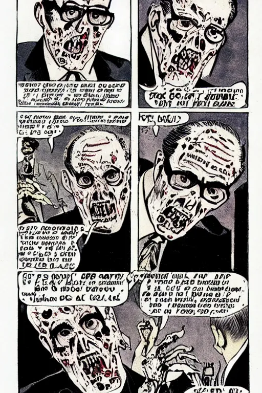 Image similar to Rudy Giuliani as a zombie, illustrated in the style of a 1950’s comic book