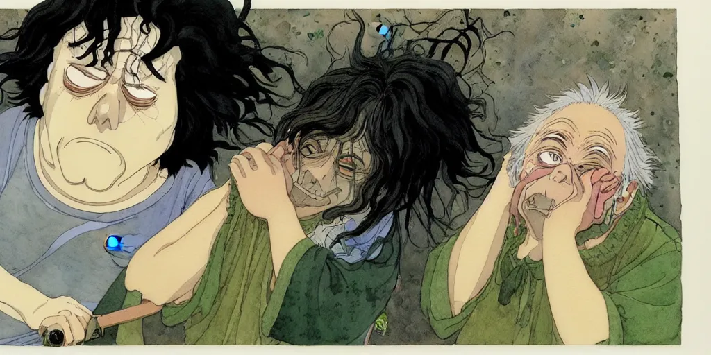 Prompt: a hyperrealist studio ghibli watercolor fantasy concept art of todd solondz crying. by rebecca guay, michael kaluta, charles vess