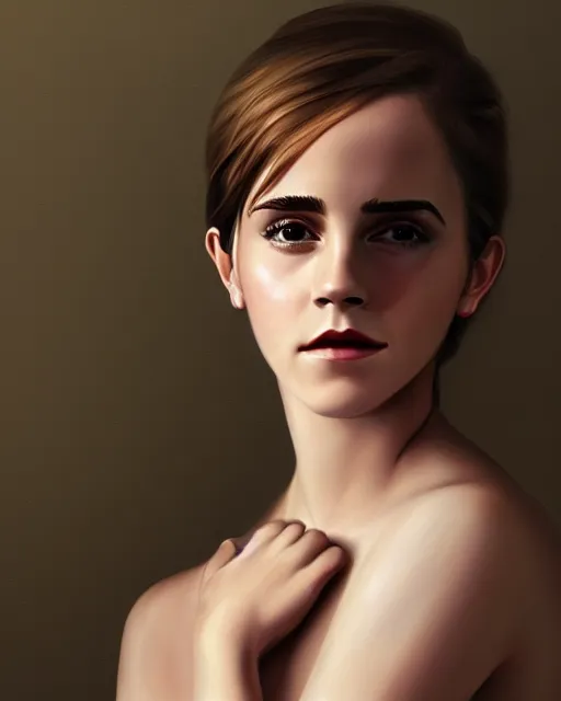 Image similar to detailed digital painting of a emma watson, half body portrait, chinese artwork, soft brushstrokes, pale skin, subsurface scattering, warm lighting