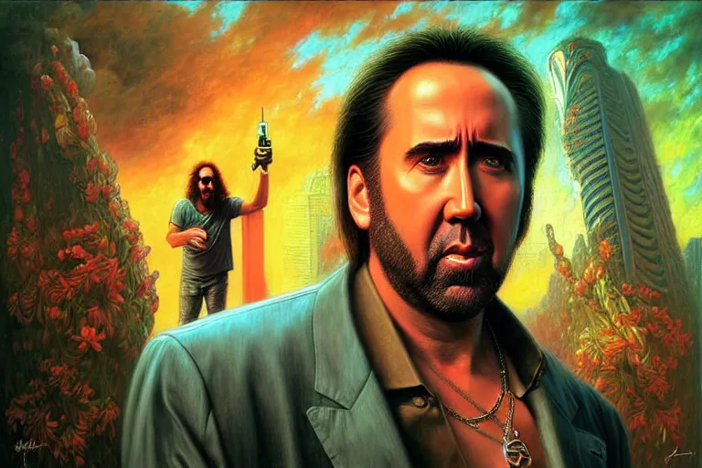 Image similar to nicolas cage in “ miami vice ” artwork, 4 k digital art, neon, 8 0's style tomasz alen kopera, peter mohrbacher, donato giancola, ilya repin, drew struzan