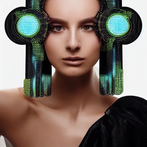 Image similar to portrait of a beautiful futuristic woman layered with high-tech jewelry wrapping around her face and head, 2067