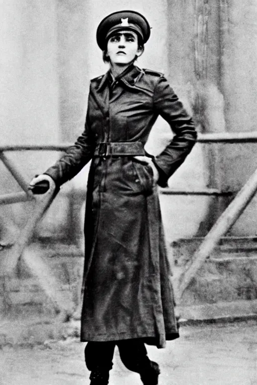 Image similar to photograph of soviet commissar, comrade emma watson, standing in a long leather coat, vintage revolution photograph, famous photo from kgb archives