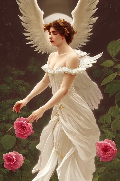 Image similar to angel dressed in a victorian roses white dress fashion, D&D, fantasy, intricate, elegant, highly detailed, digital painting, artstation, concept art, matte, sharp focus, illustration, art by Artgerm and Greg Rutkowski and Alphonse Mucha