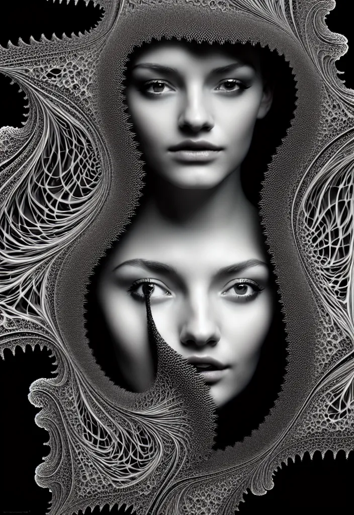 Prompt: portrait of a young beautiful woman with a partially face covering mask. fractal, mandelbulb technique. black and white, black on black. intricate, elegant, super highly detailed, professional digital painting, smooth, extreme illustration, 8k, 3D, beautiful, cinematic. art deco, art nouveau.
