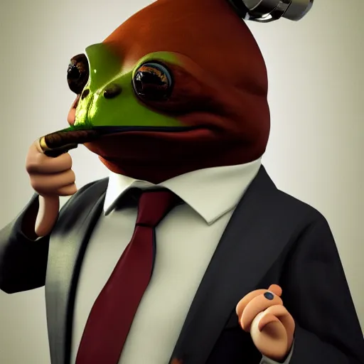 Image similar to a high quality photo of an antropomorphic frog wearing a suit smoking a cigar cigar cigar cigar, 3d scene, render, ultra realistic, artstation, cgsociety