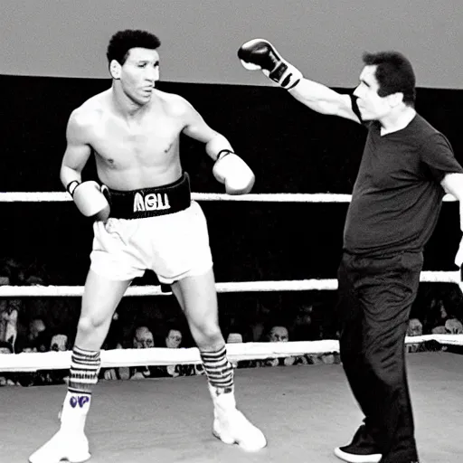 Prompt: photograph of Lionel Messi boxing with Muhammad Ali