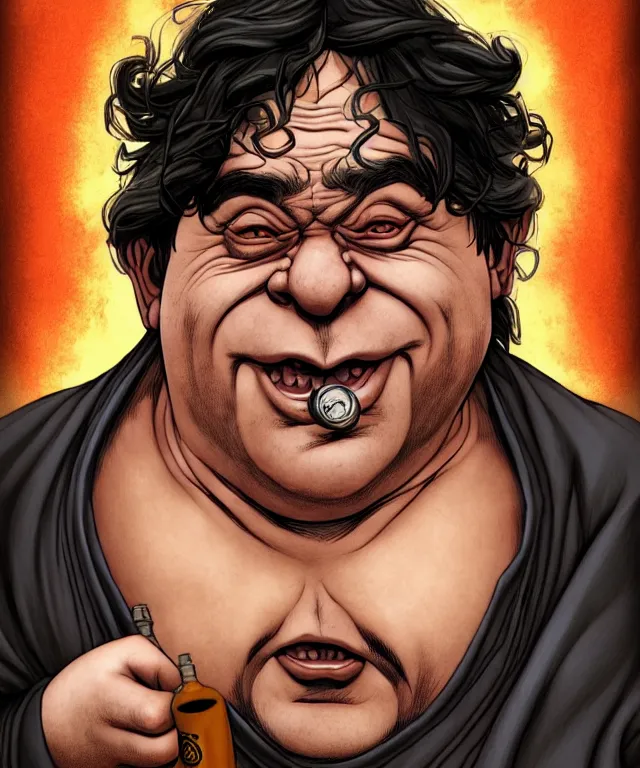 Image similar to a ( fantasy comic ) ( cover art ) portrait of a drunken dwarf monk who looks like ( danny devito in taxi ), digital illustration by jenny frison and sana takeda and kentaro miura, fine inking lines, dnd, highly detailed!, hd, 4 k, trending on artstation