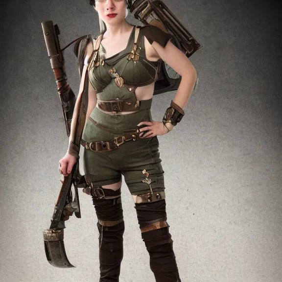 Image similar to full length photo of a very beautiful female dieselpunk warrior, 8 k, hdr, smooth, sharp focus, high resolution, award - winning photo