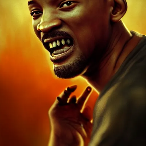 Prompt: young will smith as a bloody zombie, 7 days to die zombie, fine art, award winning, intricate, elegant, sharp focus, cinematic lighting, highly detailed, digital painting, 8 k concept art, art by guweiz and z. w. gu, masterpiece, trending on artstation, 8 k