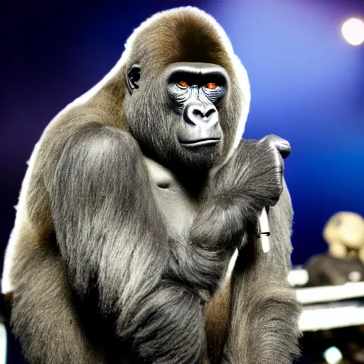 Image similar to a gorilla singing to a large crowd of people at an outdoor stadium concert. highly detailed. 8 5 mm f 1 1 canon eos