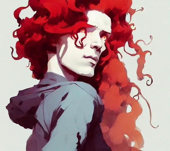 Image similar to portrait man with long red curly hair, by atey ghailan, by greg rutkowski, by greg tocchini, by james gilleard, by joe fenton, by kaethe butcher, by ashley wood, dynamic lighting, gradient light blue, brown, blonde cream and white color scheme, grunge aesthetic