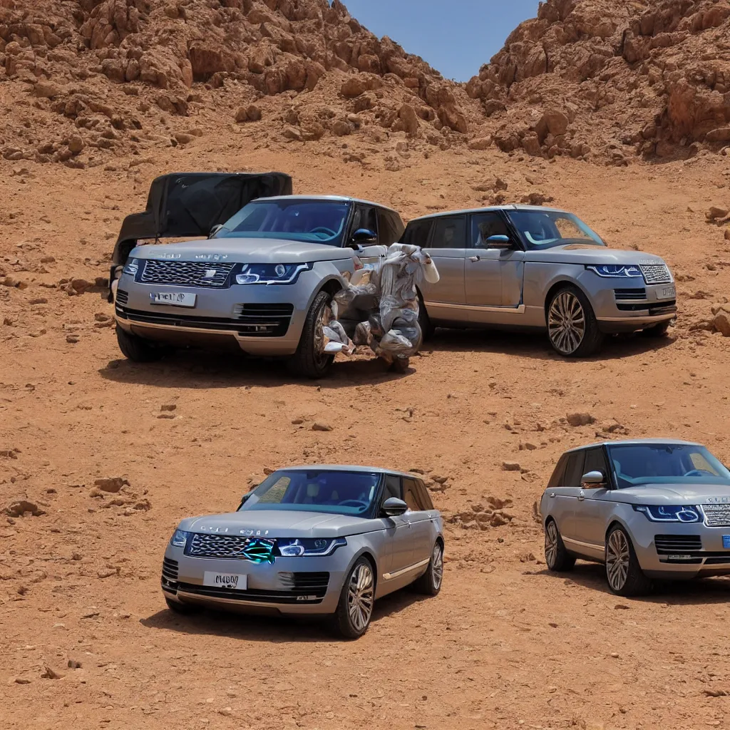 Prompt: osman hamdi bey,Range Rover Supercharged is ready for a long-distance journey in the desert