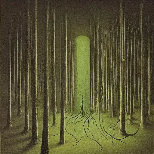 Image similar to witches coven. haunted, dark forest. zdzisław beksinski. surreal architecture, bizzare landscape, precisionism, sickly green color scheme.