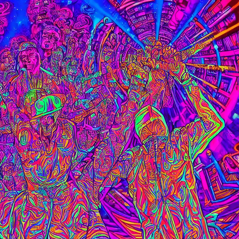 Prompt: rapping on stage at festival, holding microphone, giant crowd, epic pose, profile view, psychedelic hip hop, surreal, neon, vaporwave, detailed, illustrated by Alex Grey, 4k