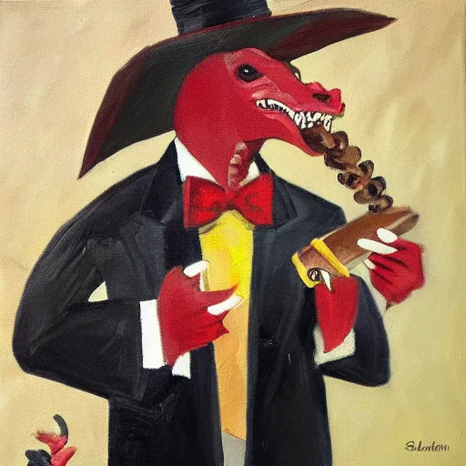 Image similar to oil painting of a dragon wearing a suit and smoking a cigar