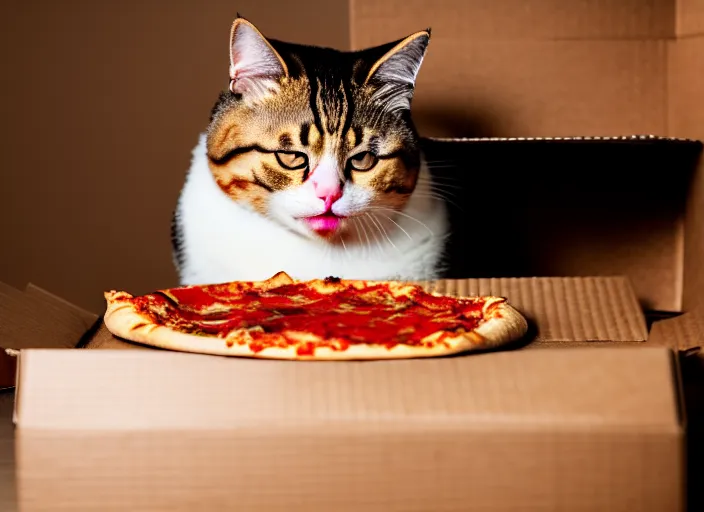 Image similar to photo of a very fat cat chewing pizza inside a cardboard box. nikon d 8 5 0 5 5 mm. dof. cinematic postprocessing.